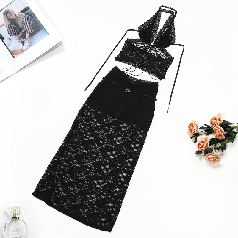 All-match Lace Beauty Back Halter Underwear Dress Suit