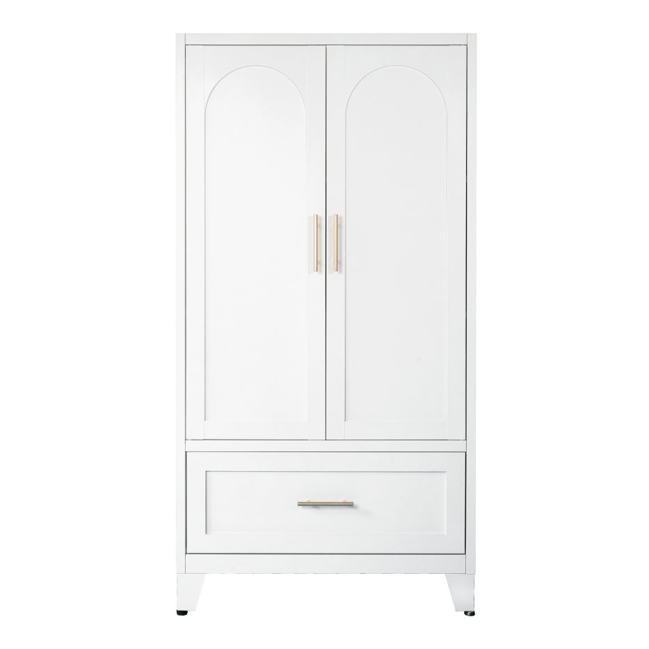 60inch Tall Metal Wardrobe Cabinet With 1 Drawer And Hanging Rod, 2 Doors Wardrobe Closet With Shelf For Bedroom, Office, Laundry Room,Entryway ,Foyer,Guesthouse White