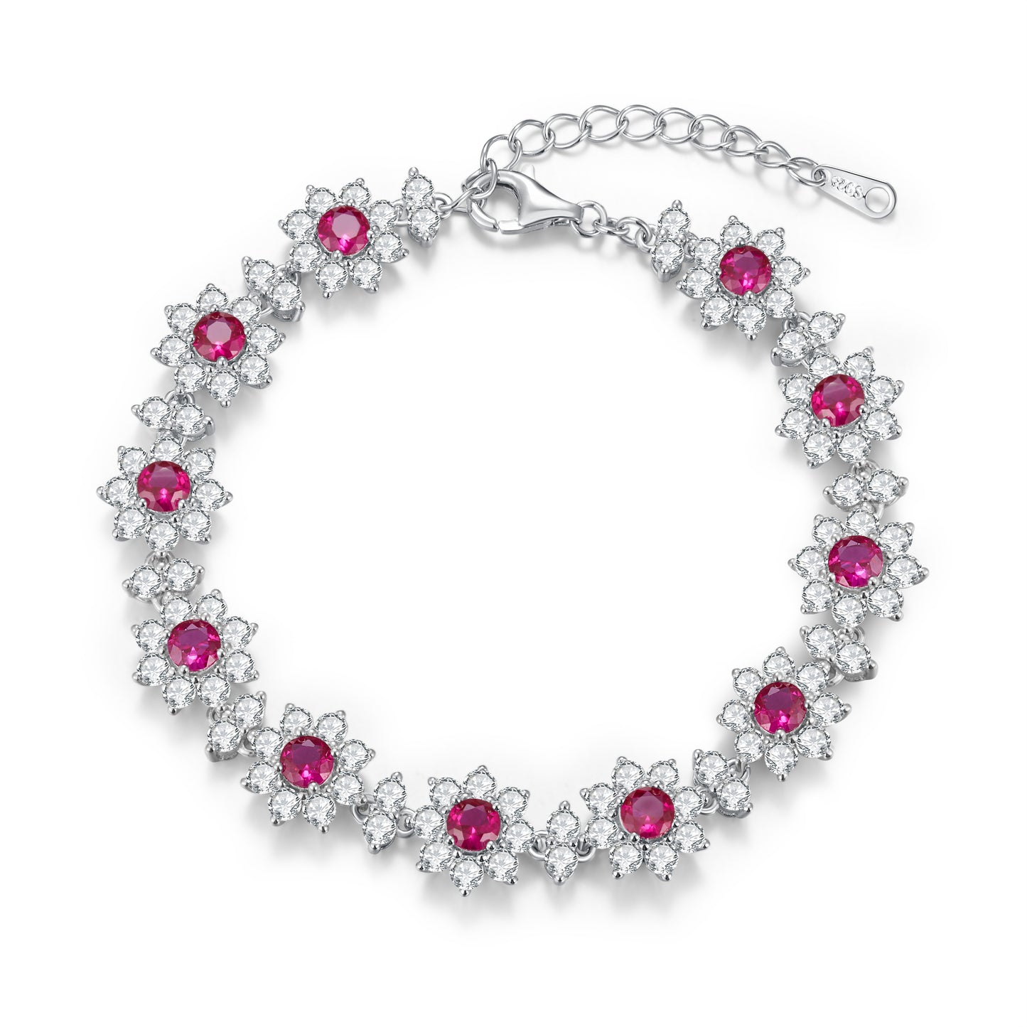 S925 Sterling Silver 4mm Lab-Grown Emerald Ruby Sapphire Bracelet 16cm Vintage Cluster Platinum Plated Gift Box