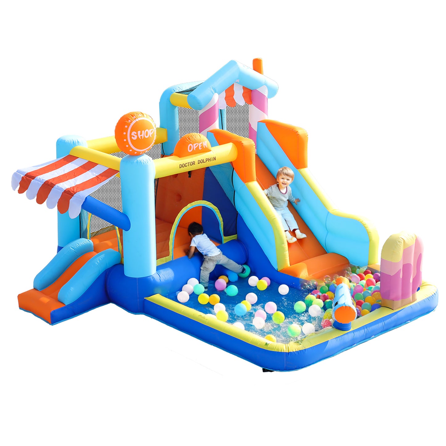 With Blower Kids Bouncy Castle, Multifunctional Outdoor Water Park  Trampoline, Water Slide, Small Slide, Fountain, Water Guns, Shop Awning, Including 450W Blower