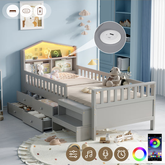 3ft Single Wooden Bed Frame, LED Lighting, Headboard Storage & Drawers, USB Charging Port, Safety Rails & Step Stool, Easy Assembly, Grey  No Mattress