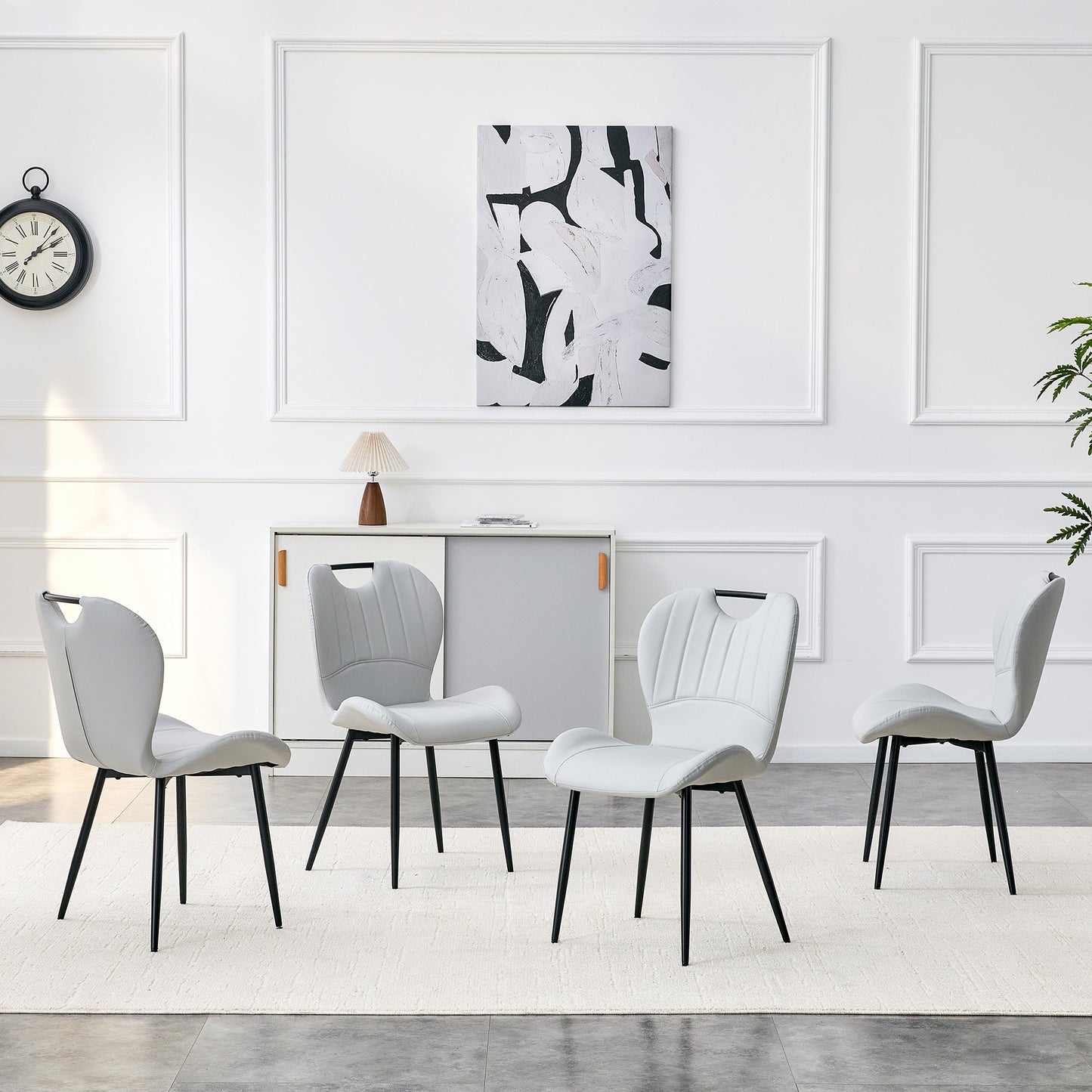Set Of 4 Light Grey PU Dining Chairs With Integrated Handle. Black Metal Frame, Adjustable Leveling Feet. Home Dining Chairs With Extra-Wide Comfortable Cushion, Versatile For Multiple Scenarios.