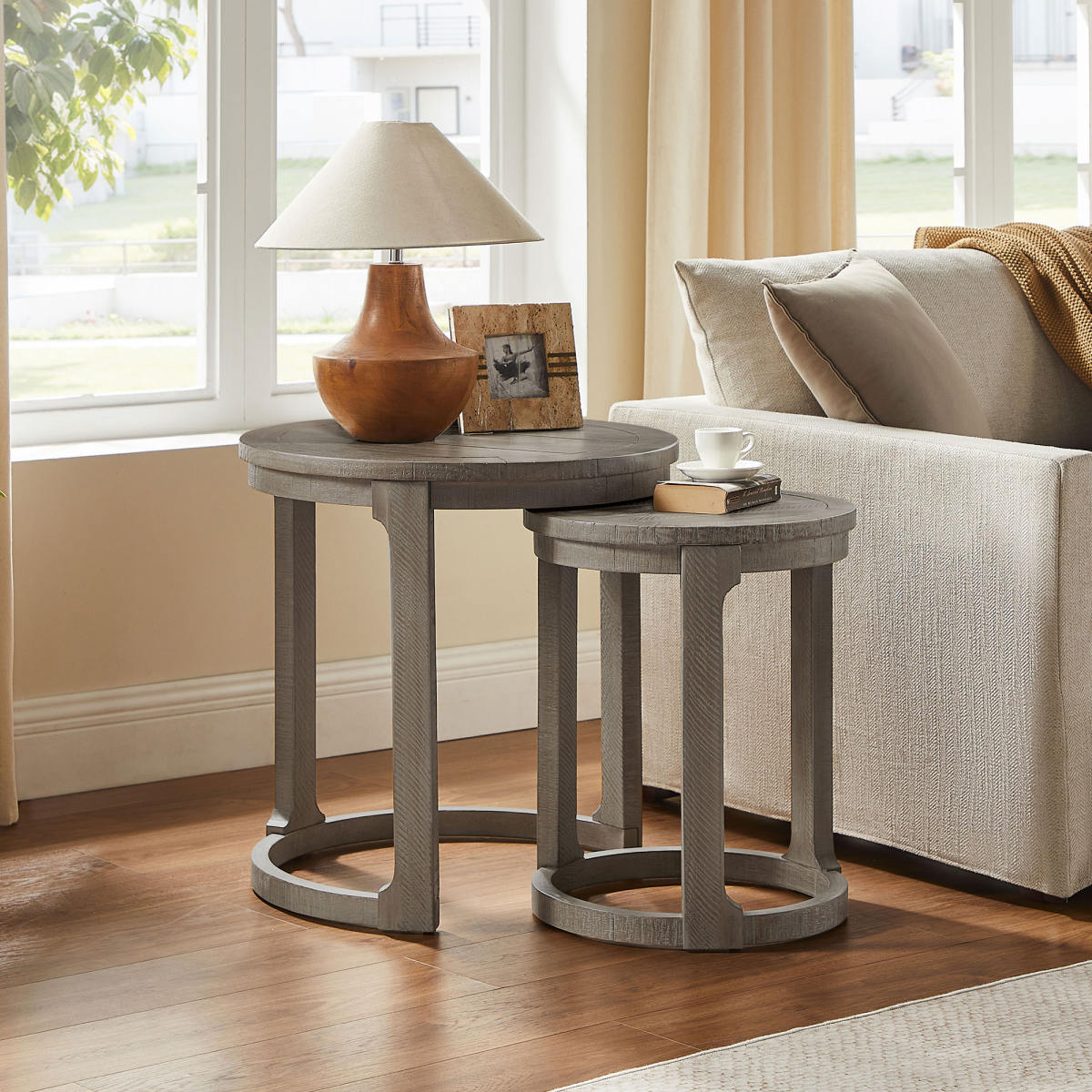 24 inch 2PCS Curved Traditional Round Circle Wooden Coffee Table Set,Mid Century Rustic Style Side Table,End Table for living Room,Office,Apartment,Light Brown