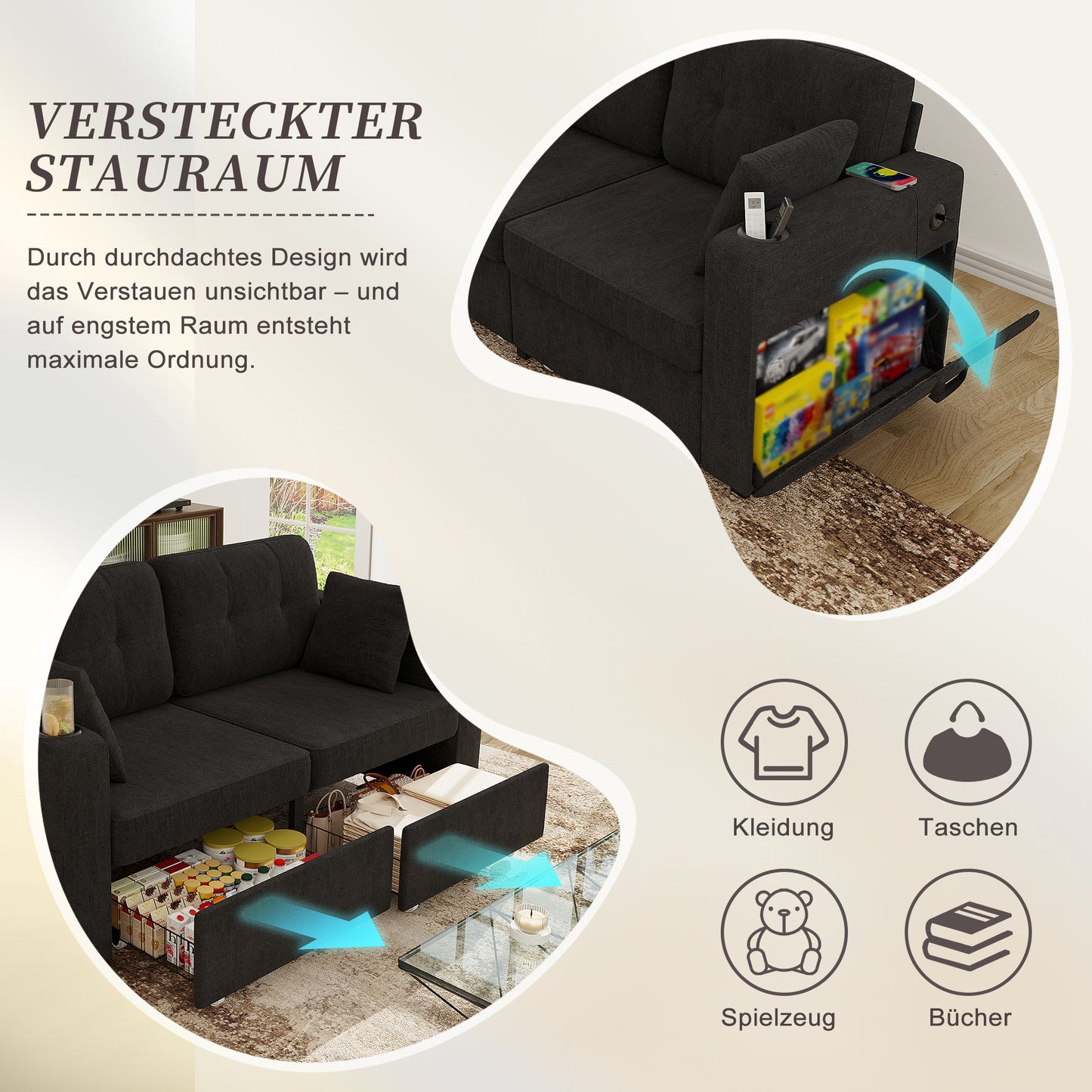 Two-seater Sofa With Two Storage Drawers And USB Charging Ports, With Cup Holders And Side Pockets, Equipped With Hidden Storage Compartments. Suitable For Living Rooms, Apartments And Reading Corners