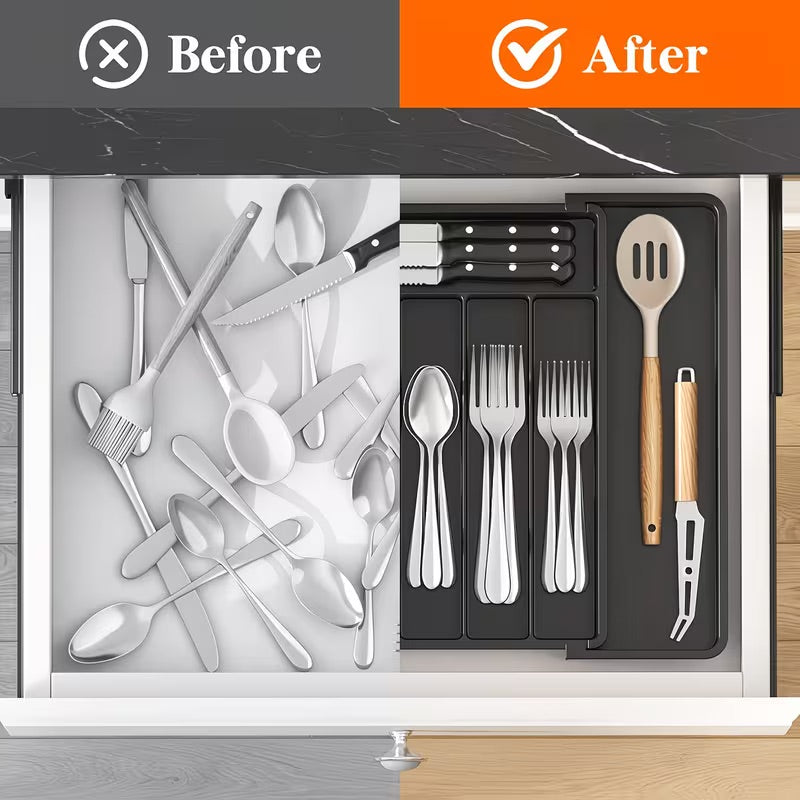 Expandable Utensil Tray For Kitchen, BPA Free Flatware And Cutlery Holder, Adjustable Plastic Storage For Spoons Forks Knives