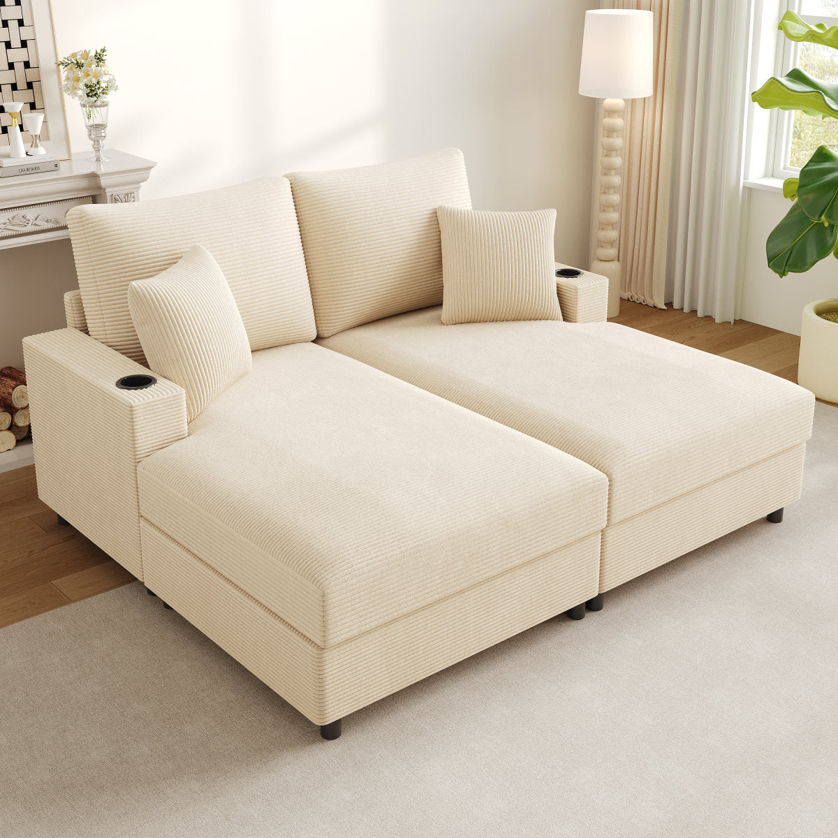 Double Sofa Bed With Sleeping Function, Padded Reclining Function, Mobile Phone Holder, USB Port And Cup Holder. Suitable For Living Room, Bedroom Or Home Theater. Beige