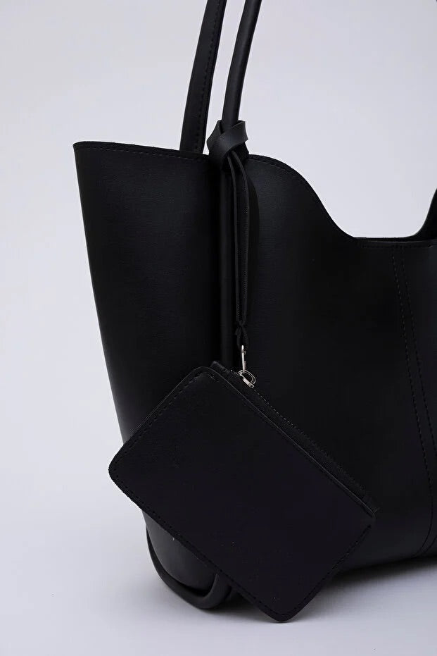 Black SHK108 Faux Leather Women Hand And Shoulder Bag With Wallet And Makeup Bag