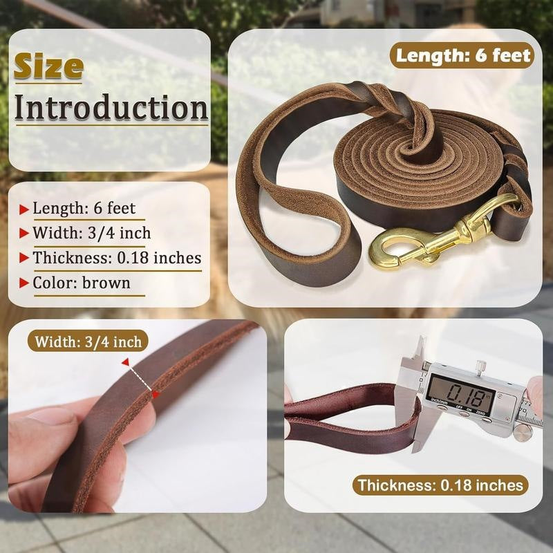 Genuine Leather Dog Leash  Heavy Duty Pet Walking Lead With Ergonomic Non-Slip Handle For Medium And Large Breeds