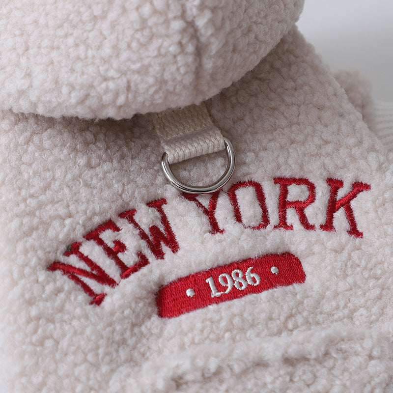 Retro New York Style Embroidered Hoodie With Leash Attachment For Small Dogs