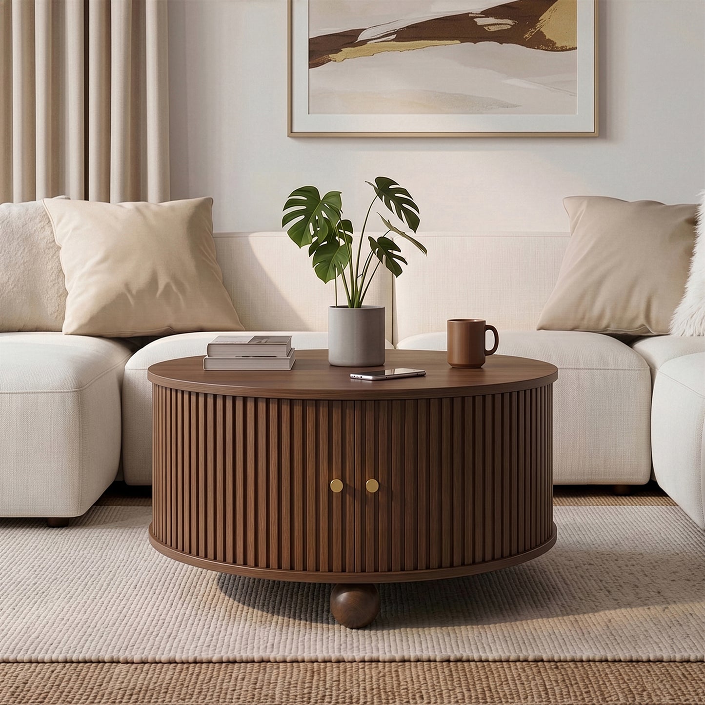 Coffee Table, Round Coffee Table, Living Room Table, Circumferential Vertical Relief Structure, Two Sliding Doors, MDF Body, Metal Handles, Spherical Metal Feet, Four Separate Storage Compartments