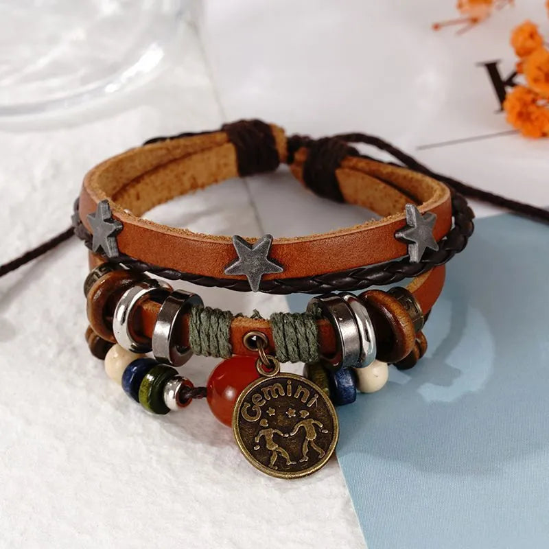1pcs Multi-Layer Braided Leather Wooden Bead Star Zodiac Charm Adjustable Bracelet, Retro Boho Ethnic Style, For Men Women Daily Campus Travel & Constellation Holiday Gifts