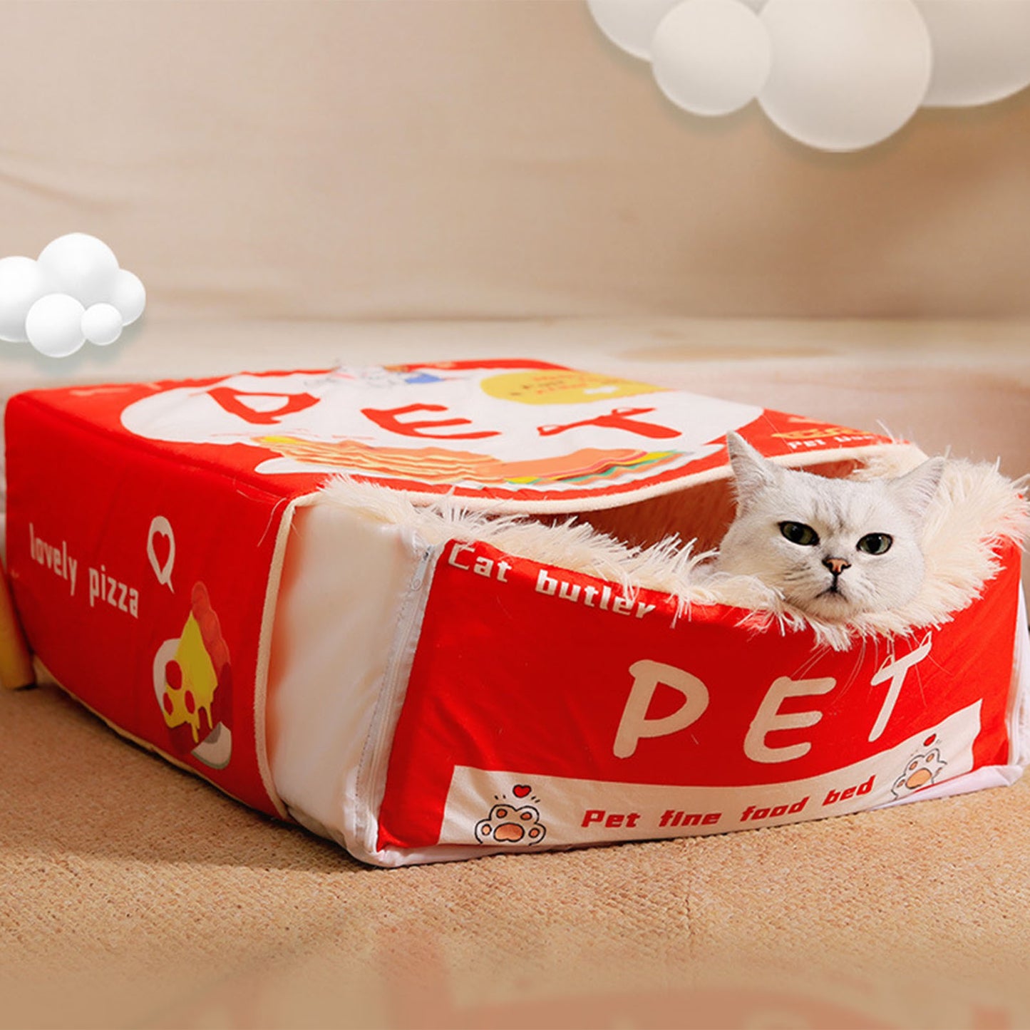 Snack Box Cat Bed Cartoon Rectangular Fully Enclosed Four Season Universal Multifunctional Soft Pet Bed For Home Travel Red