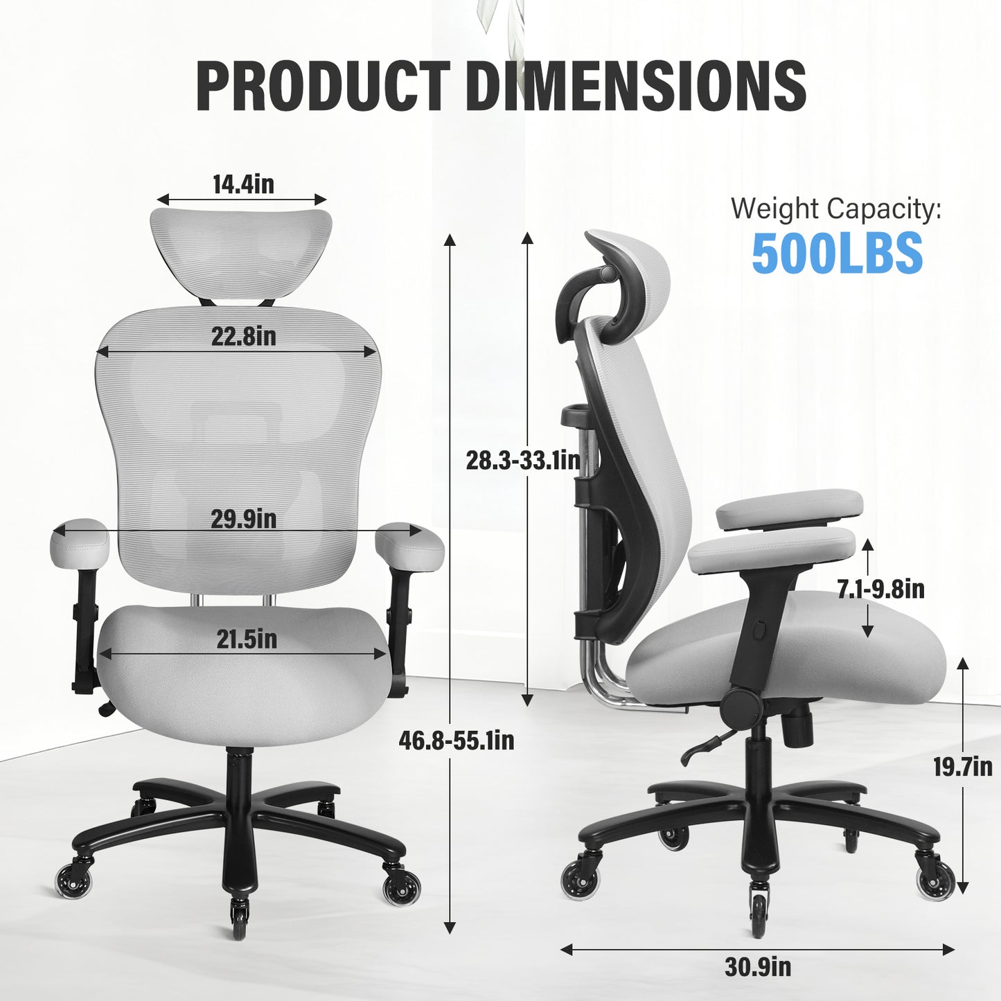 500LBS Big And Tall Office Chair Mesh Breathable,Gaming Chair With Adjustable Backrest Height & Headrest Angle & Adaptive Lumbar Lupport, Executive Computer Desk Chair With 2D Flip-Up Arms,Grey.