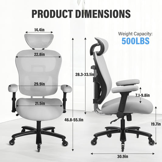 500LBS Big And Tall Office Chair Mesh Breathable,Gaming Chair With Adjustable Backrest Height & Headrest Angle & Adaptive Lumbar Lupport, Executive Computer Desk Chair With 2D Flip-Up Arms,Grey.