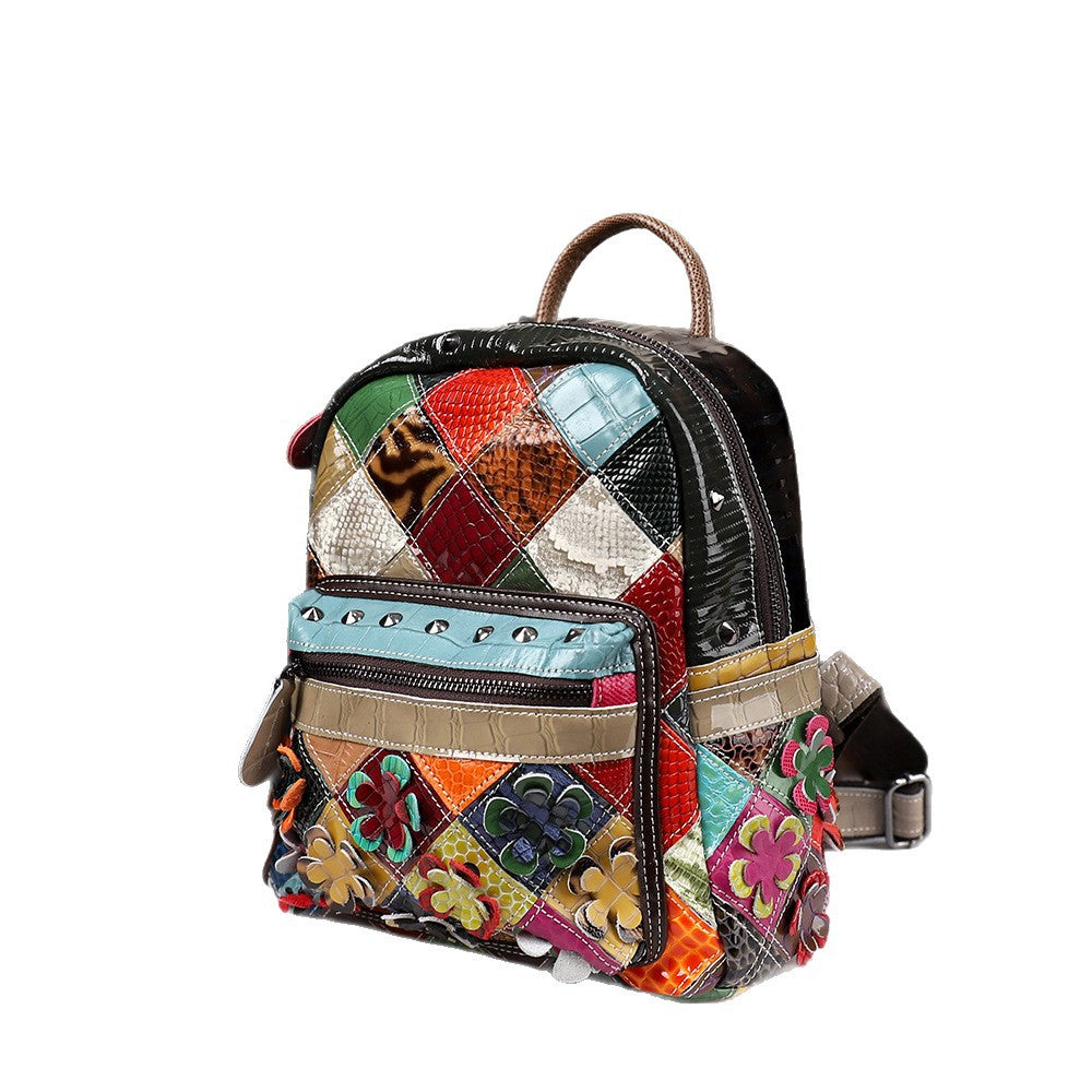 New Ethnic-style Patchwork Color-block Backpack, Genuine Leather