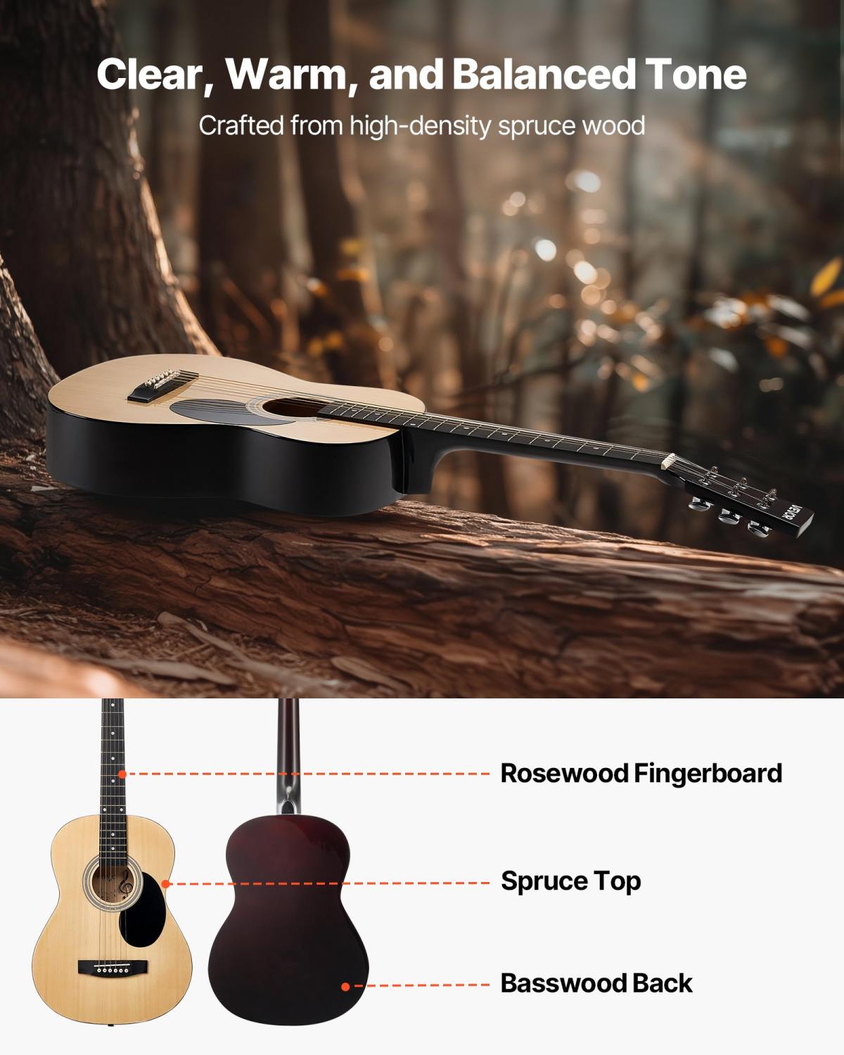 Dreadnought Acoustic Guitar, 39 In, 6-String Natural Solid Spruce Top Guitar, Portable Bundle With Gig Bag, Tuner, Strap, Steel Strings, Picks, Capo, Rosewood Fingerboard, For Beginner Adults