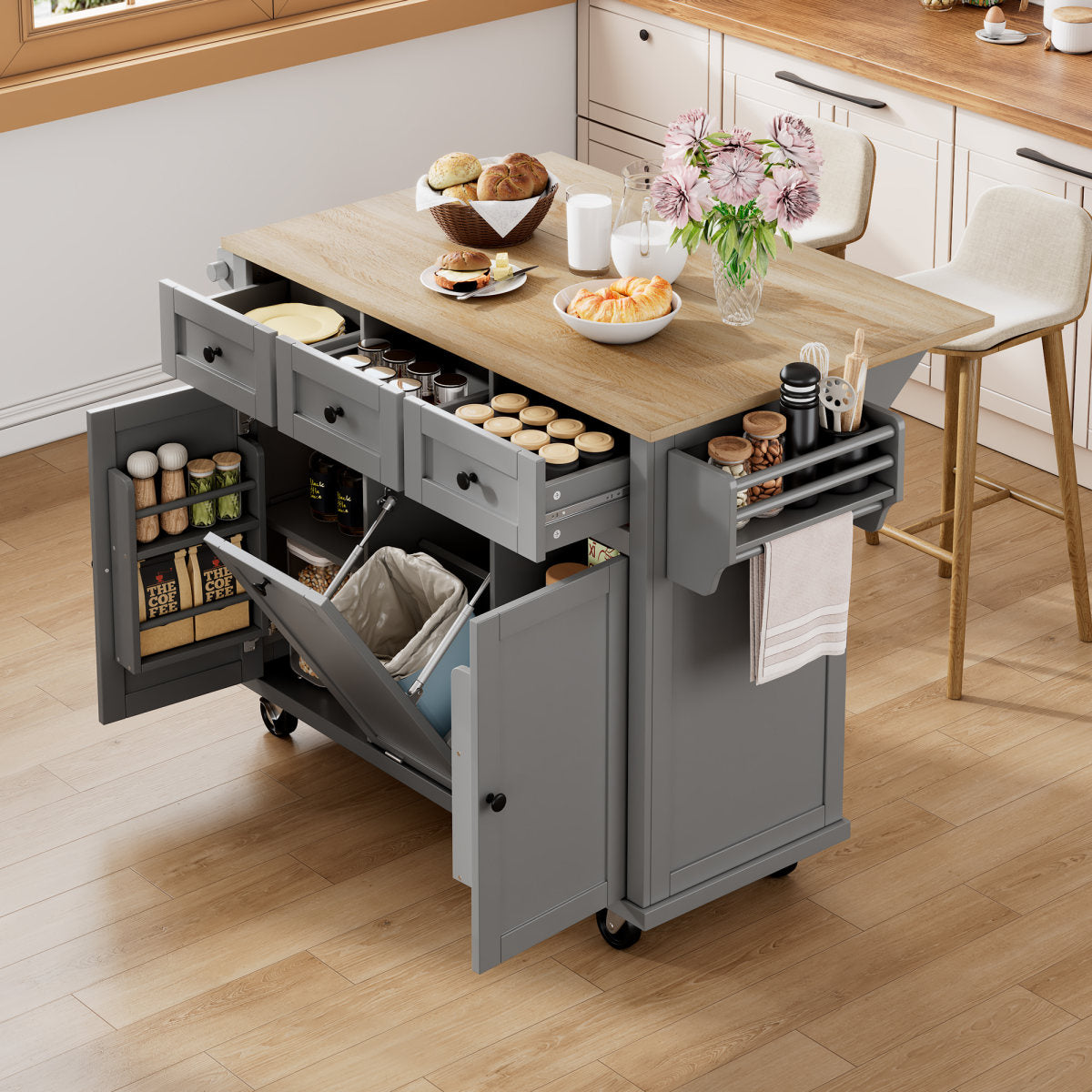 Kitchen Island With Wheels, Pull-Out Dining Area Kitchen Island With Waste Bin Compartment And Drawers, Mobile Kitchen Island Ideal For Kitchen And Dining Room  Grey