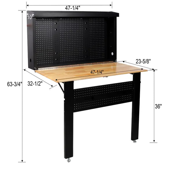Wall Mounted Workbench, Robust Space-Saving Foldable Workbench With Rubberwood Work Surface, Pegboard For Tools