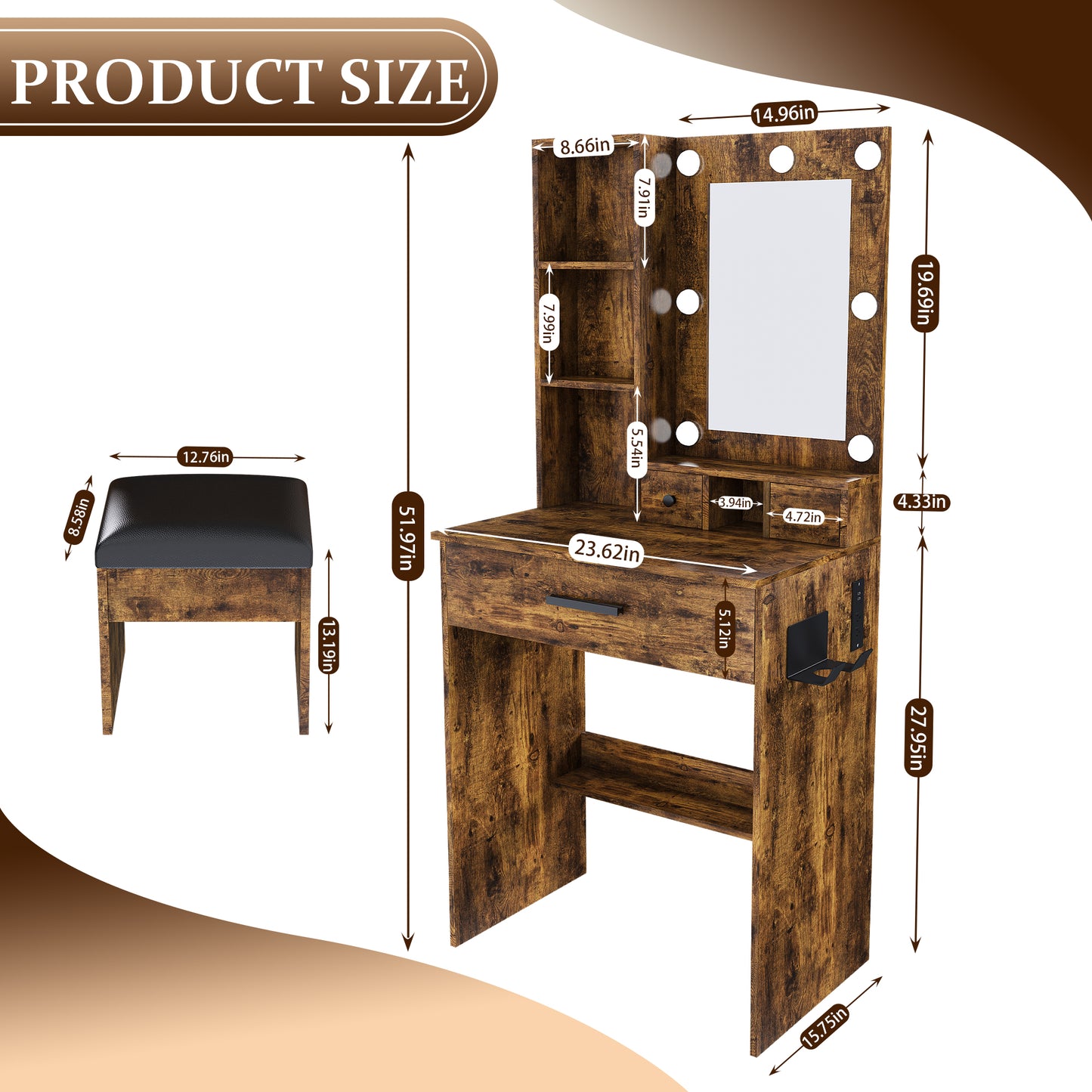 Vanity Table With Mirror & Adjustable LED Lights, Power Outlet, Hairdryer Holder & Stool -Compact Dressing Desk For Small Bedrooms Vintage