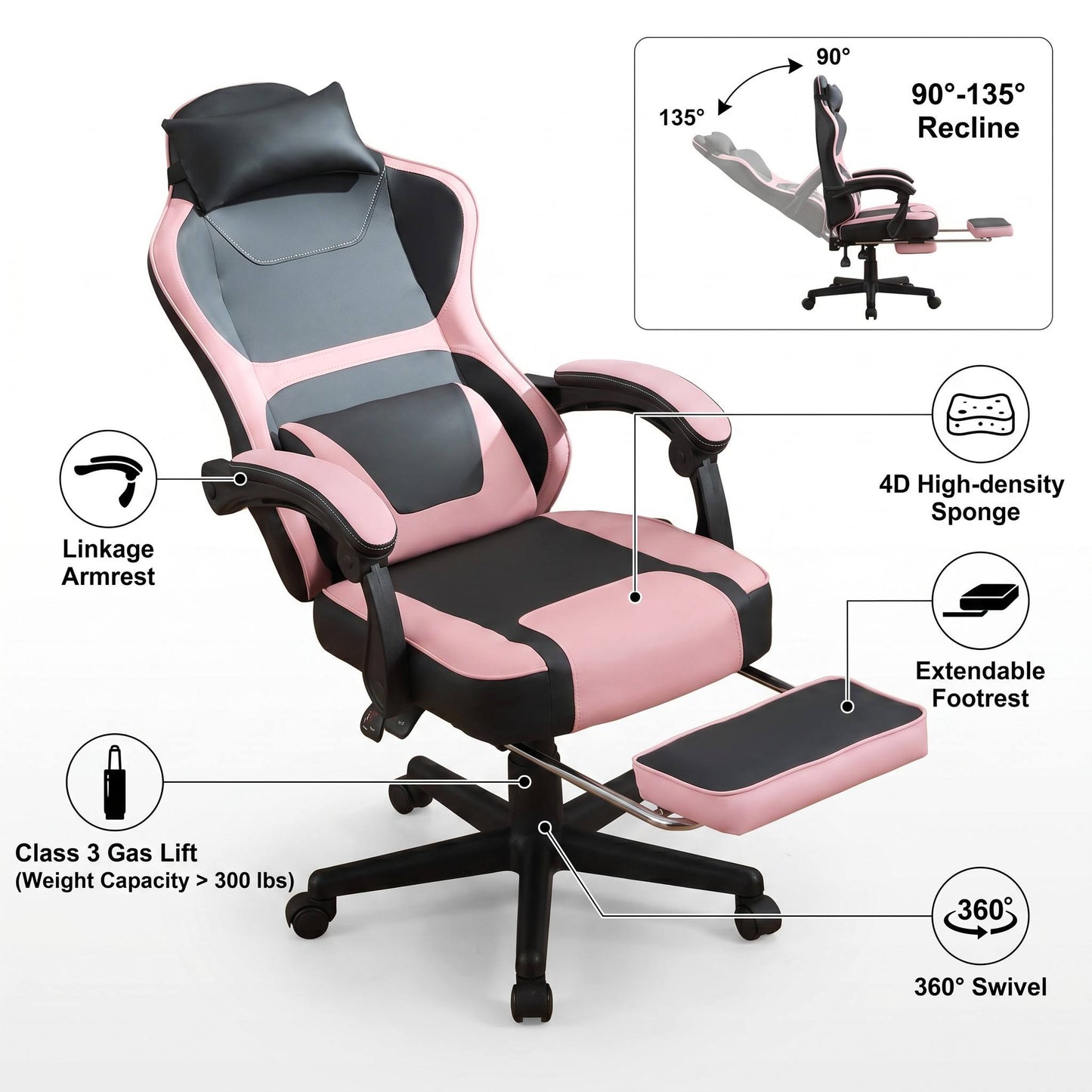 Kawaii Style Ergonomic Gaming Chair  Pink & Black With Extendable Footrest & Lumbar Double Cushion   Versatile For Home Office And Recovery Breaks.