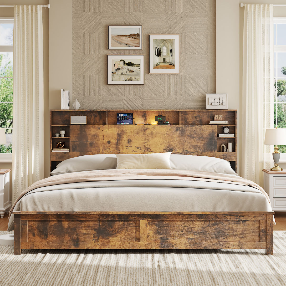 King Wood Bed Frame With Bookcase Headboard, Charging Station & LED, Dark Brown