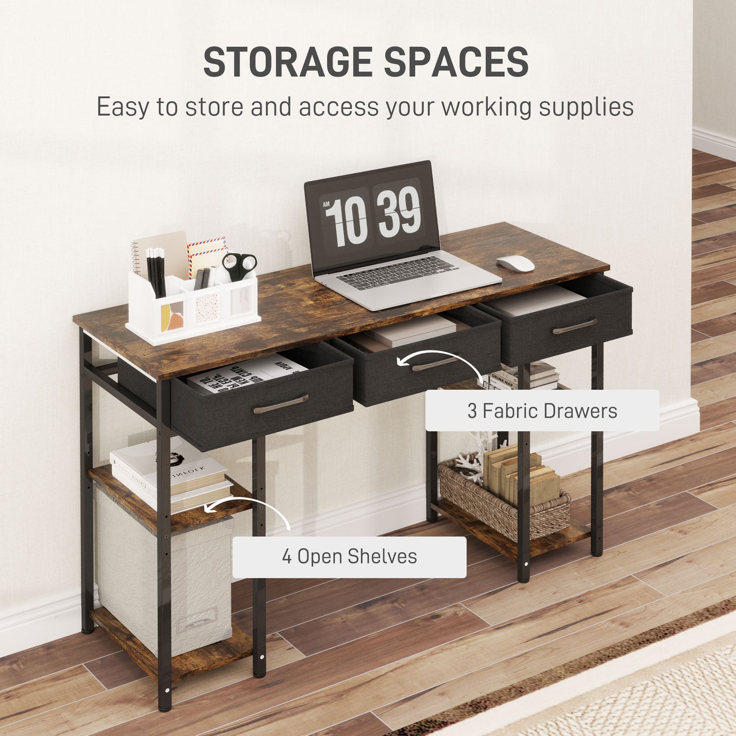47" Small Computer Desk, Writing Desk with Fabric Drawers, Home Office Desk with Adjustable Shelves, Rustic Brown