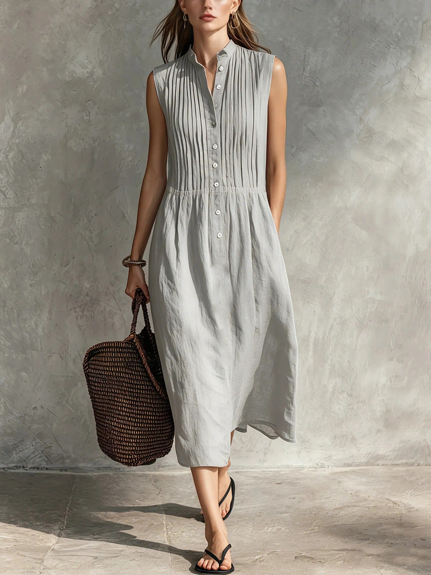 Womens Fashion Simple And Elegant Sleeveless Single-breasted Dress