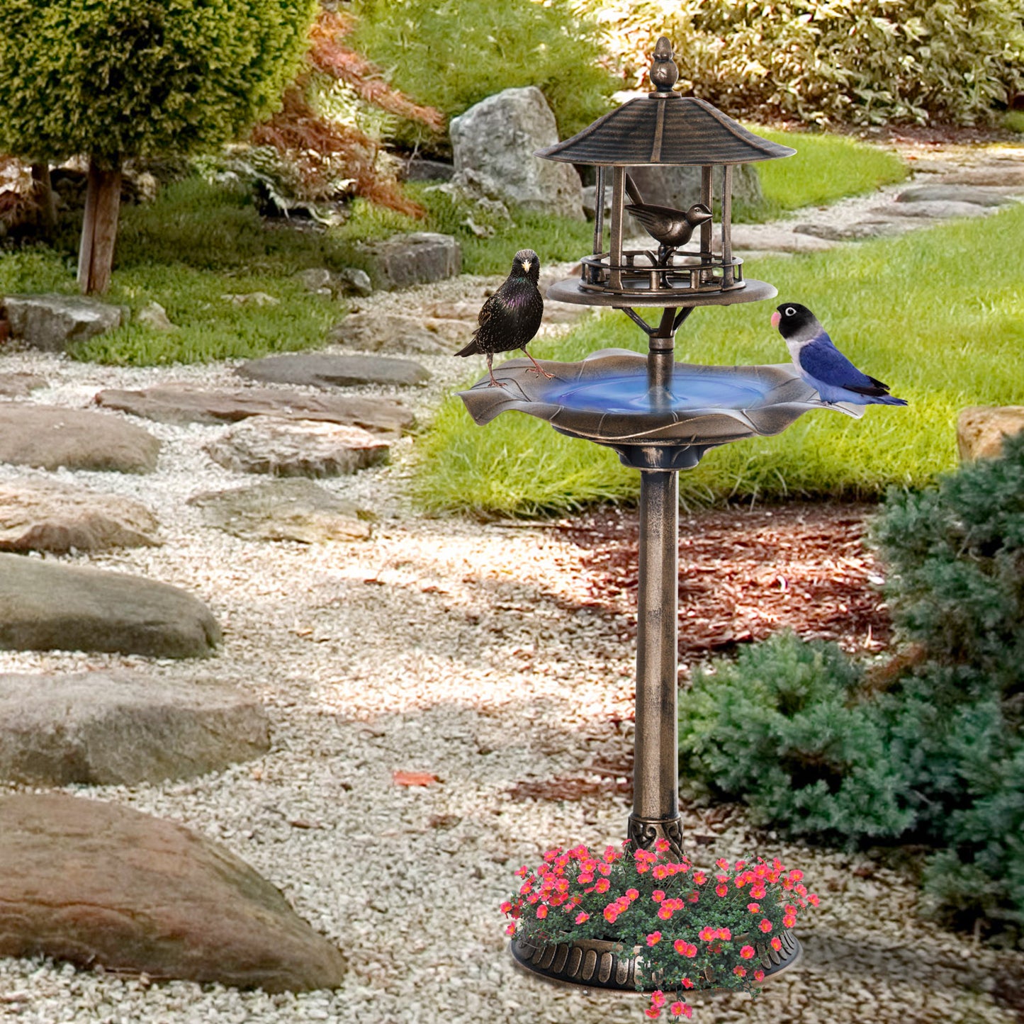 3 in 1 Garden Bird Bath Bowl Pedestal with Bird Feeder, Large Water Basin, Underneath Flower Planter, Bronze