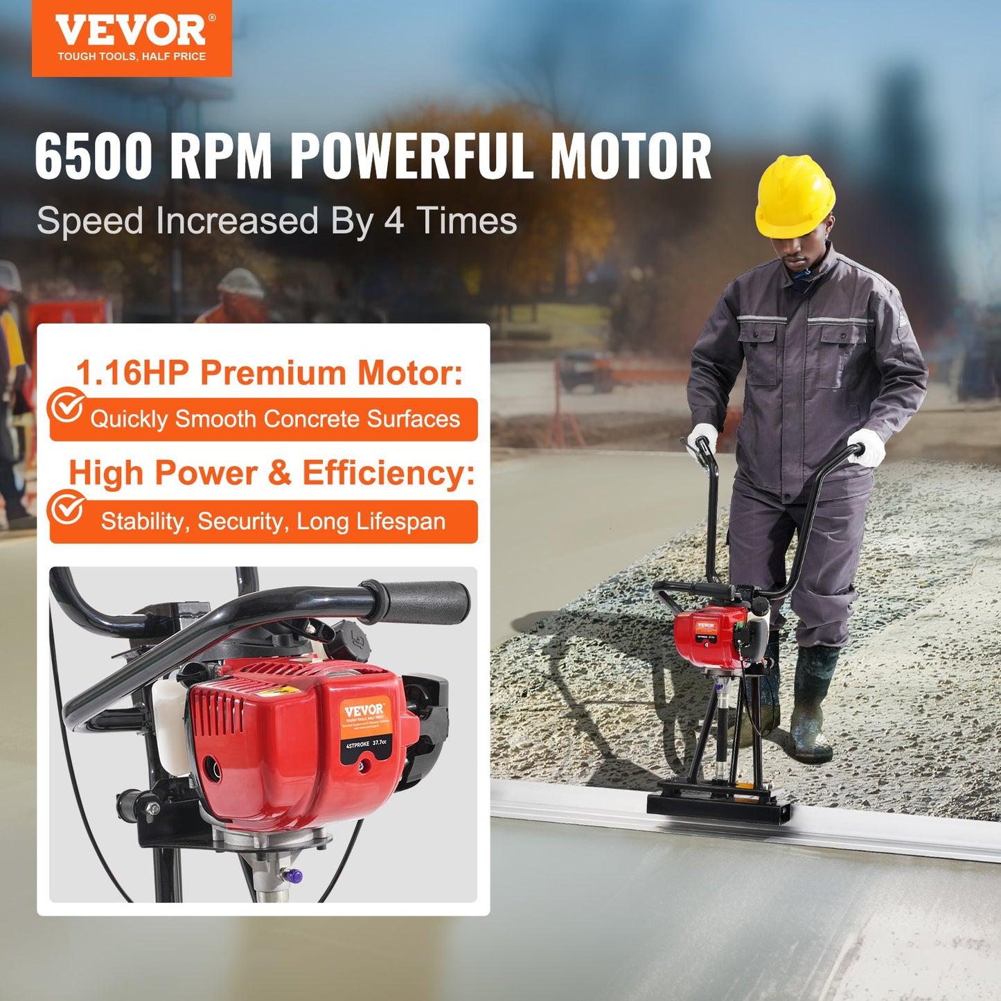 Gas Concrete Power Screed, 11ft Aluminum Board Straight Edge Bar Set, 4 Stroke Cement Finishing Vibrating Motor With Height Adjustable Handles, High Efficient Concrete Tools 6500RPM