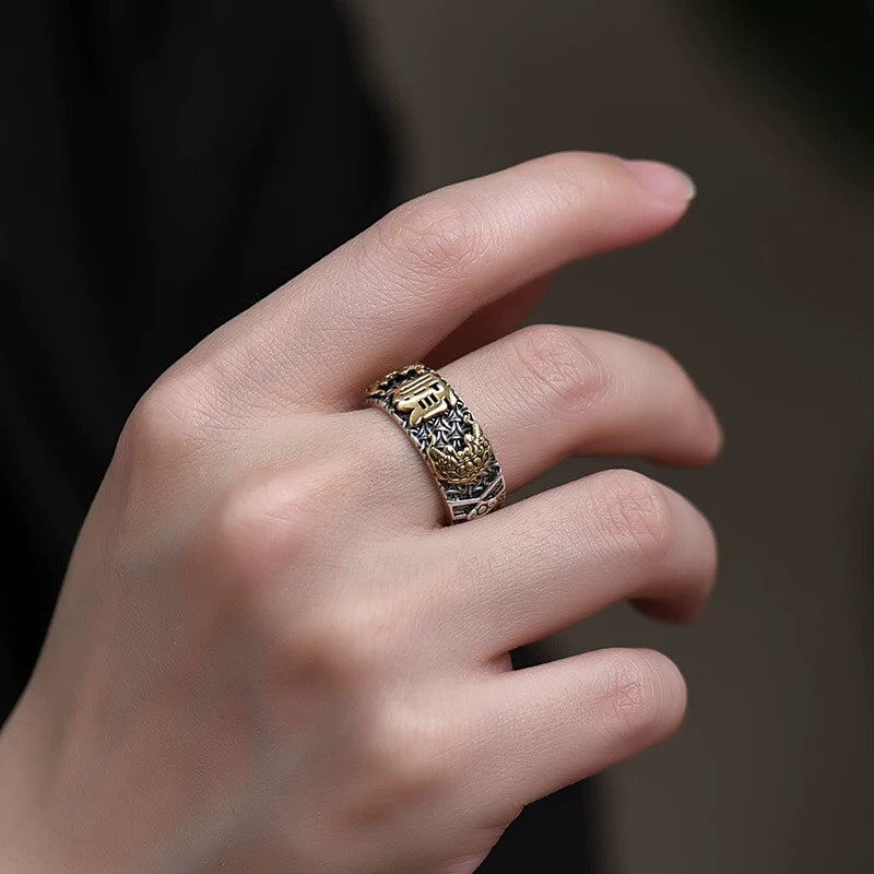 1pcs 925 Sterling Silver Vintage Two-Tone Luck Statement Ring, Chinese Amulet Style, Ideal For Birthdays & Feng Shui Gifts