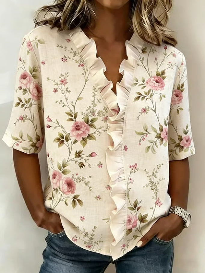 Printed Womens Fashion Floral V-neck Shirt