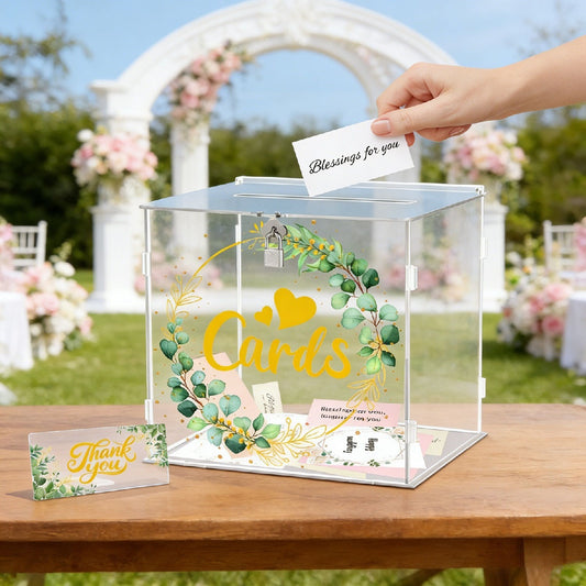 Acrylic Wedding Card Box With Leaf Embellishment – Transparent Greeting Card Box For Cash Gifts And Wedding Cards – Elegant Decorative Box For The Wedding Reception Table—Craft Supplies