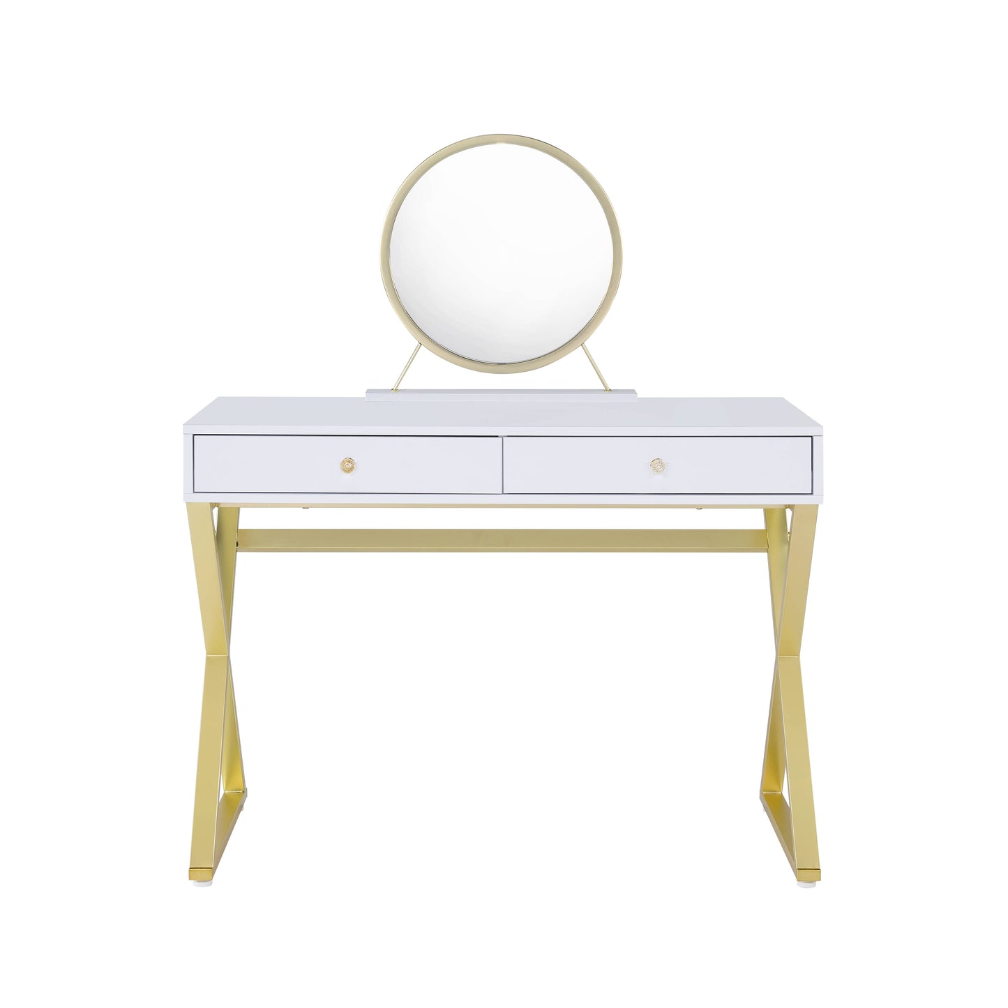 Coleen White & Gold Finish Vanity Desk W Mirror & Jewelry Tray
