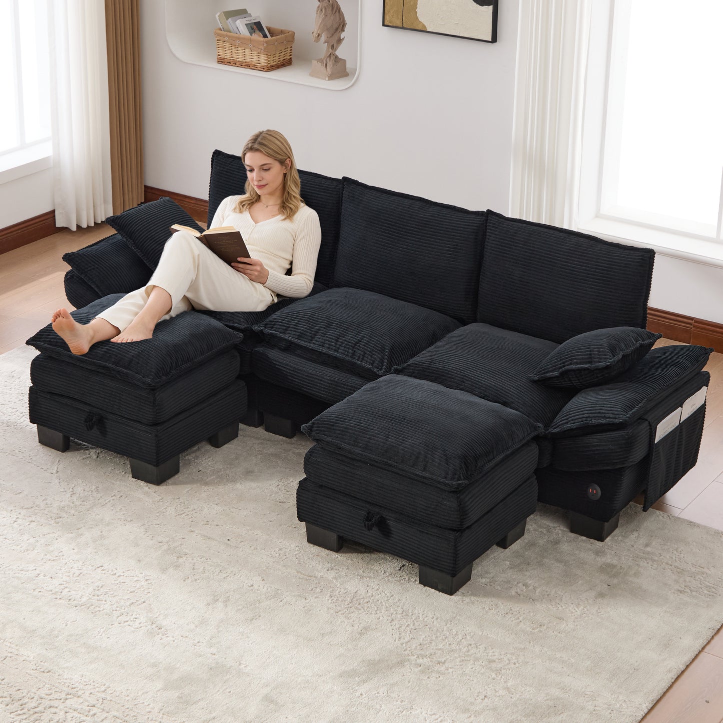 Modular 3-seater Corduroy Sofa  With 2 Stools Wide Seat, Ergonomic Design, High-density Foam Padding, USB-C Port And Side Pockets.Ideal For Living Room, Office Or Lounge.Black