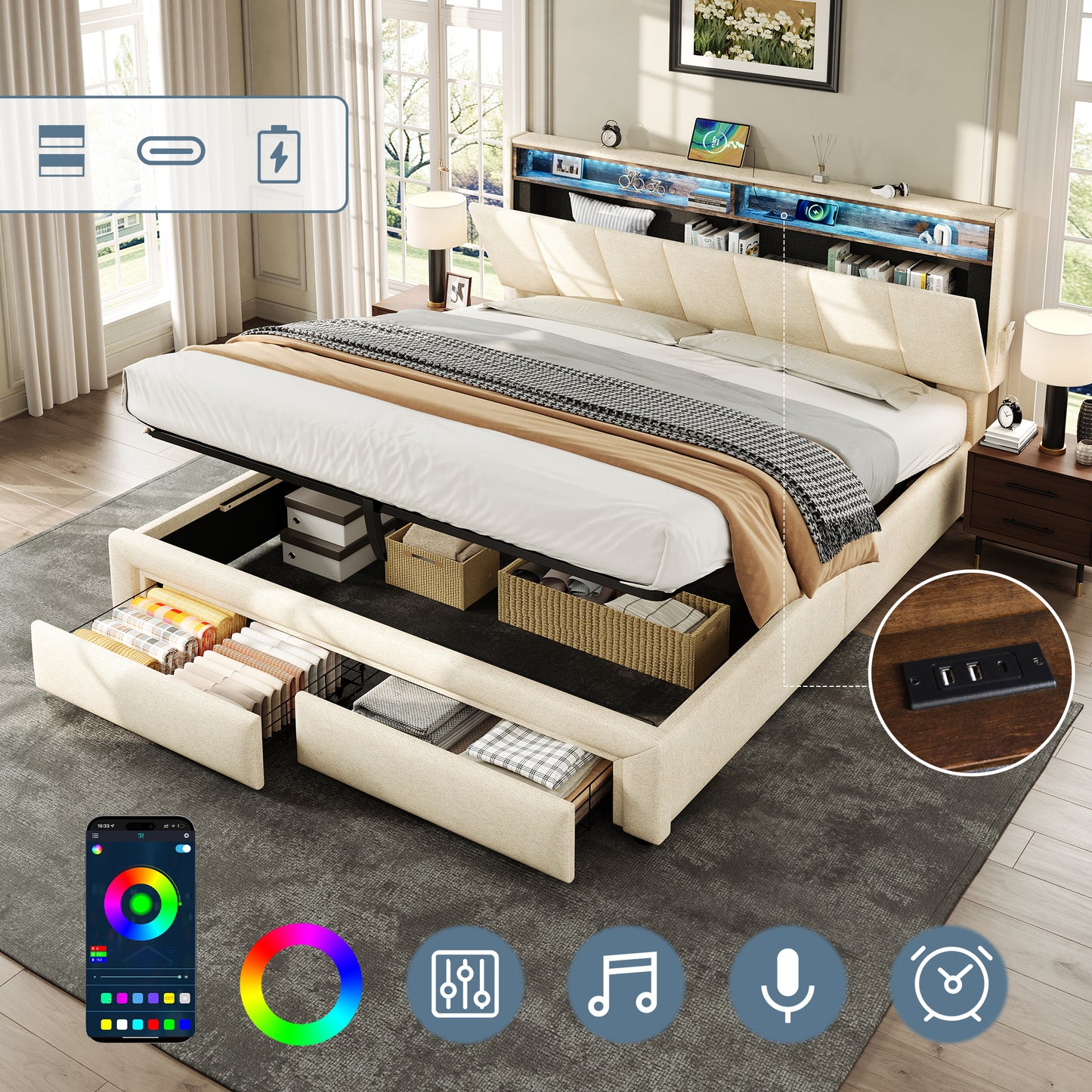 5ft King Upholstered Bed Frame With Hydraulic And Drawers Storage, LED Adjustable Headboard With Charging Station And Concealed Headboard Storage, Linen, No Box Spring Needed,Beige No Mattress