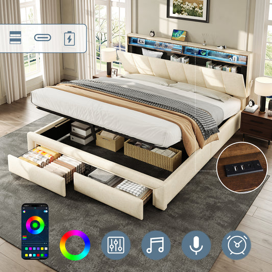 5ft King Upholstered Bed Frame With Hydraulic And Drawers Storage, LED Adjustable Headboard With Charging Station And Concealed Headboard Storage, Linen, No Box Spring Needed,Beige No Mattress