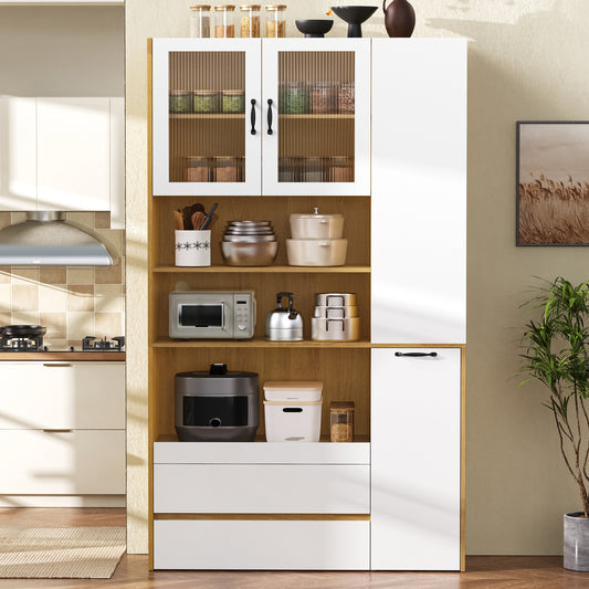 Highboard With Adjustable Shelves And Drawers, Buffet Cabinet With Pull-out Shelves And Checker Glass, Ideal For Dining Room, Living Room And Kitchen  White Natural