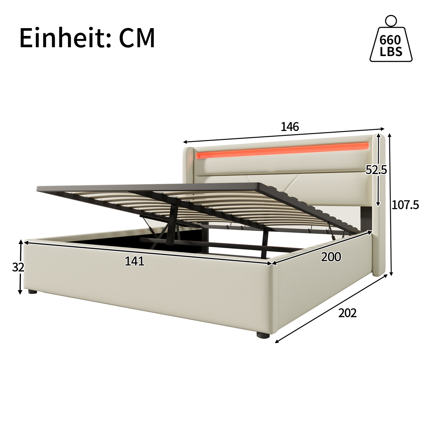 Hydraulic Storage Bed With LED Lighting Strip, Double Bed Bed Frame Upholstered Bed 140x200cm, Functional Bed, White  With Remote Control