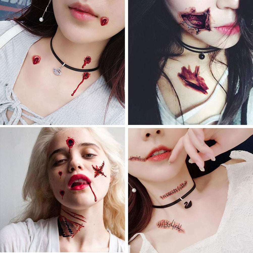 Temporary Scar Tattoos Stickers Realistic Bloody Wound Scab Horror Body Face Decals Prank Props For Halloween Cosplay