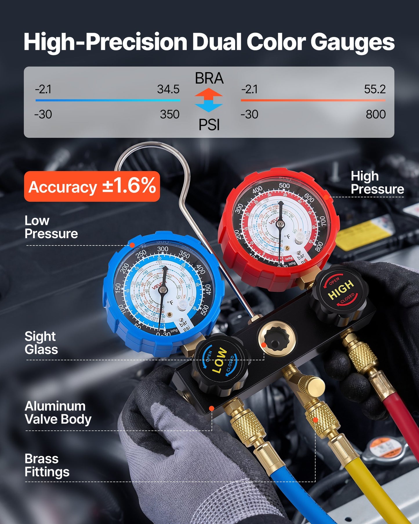 AC Manifold Gauge Set For R134a R404A R1234yf R22 Refrigerant, 3 Way AC Gauge With 5 Ft Hoses, Adapters, Quick Couplers, Can Taps For Automotive Air Conditioning Maintenance, Charging Evacuation