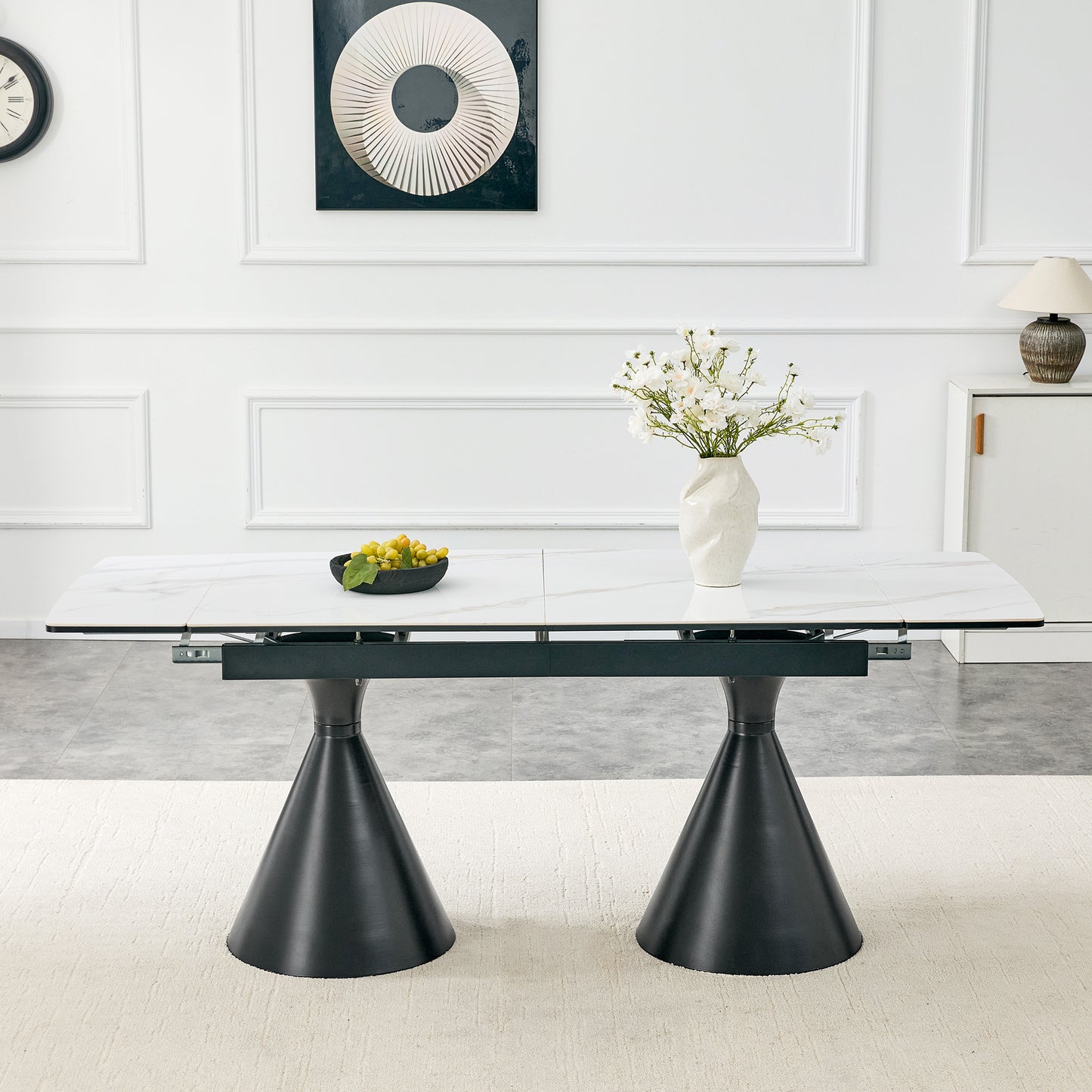 Extendable Stone-Top Dining Table White Marble-patterned Tabletop With Black Tapered Metal Legs. A Modern, Luxury-inspired Rectangular Dining Table For Home Use, Suitable For 4-8 People.