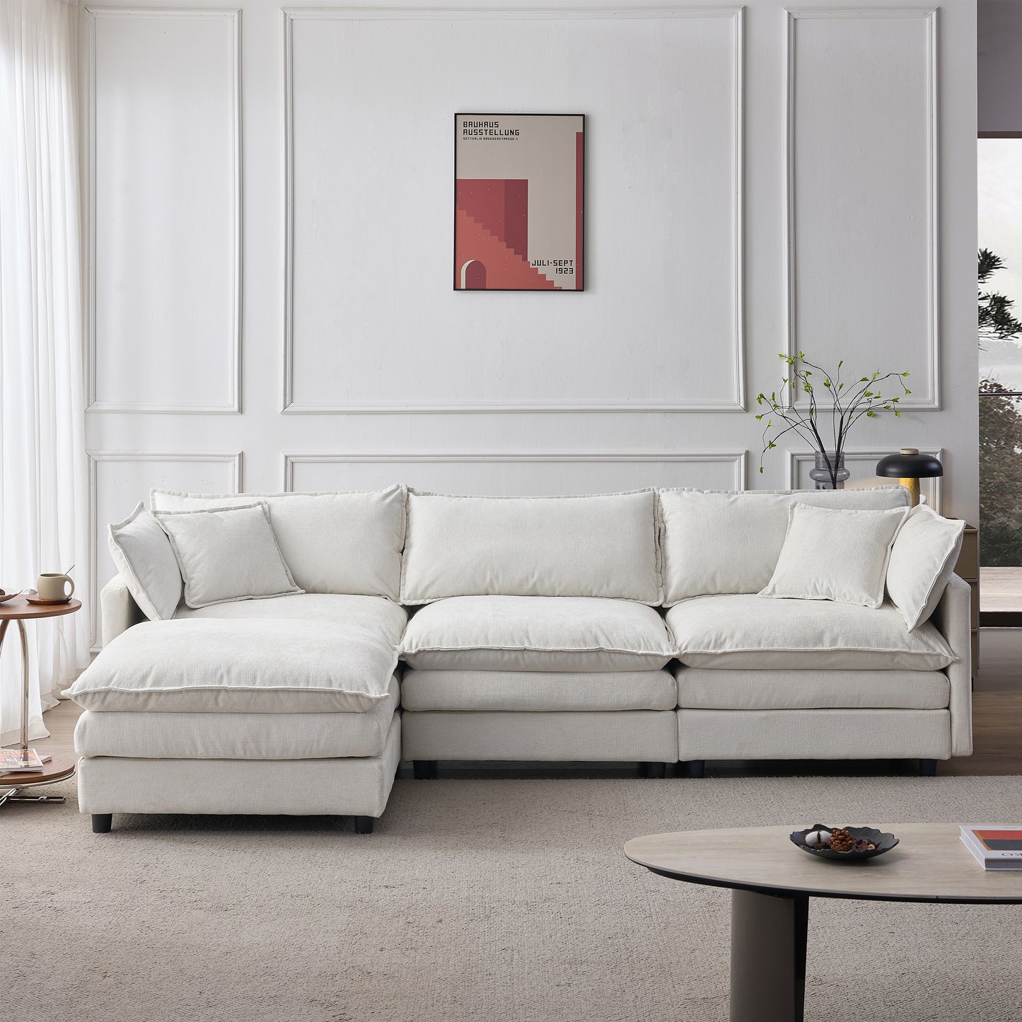 Premium Chenille Modular Corner Sofa  3 Seater With Chaise Lounge & Stool, Comfortable L-Sofa For Small Apartments, Living Room & Lounge, Breathable Family Seating Comfort