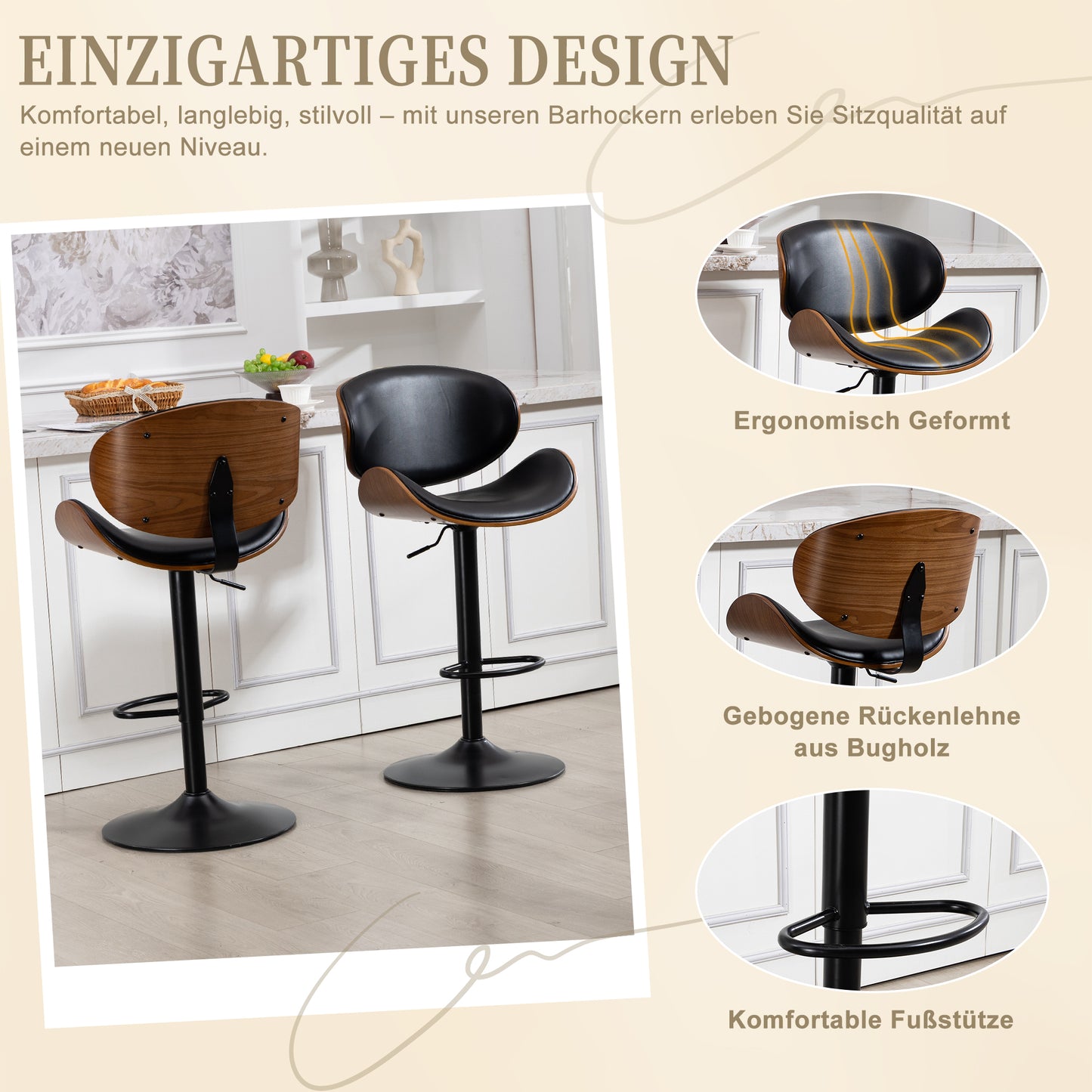 Swivel Bar Stools, Set Of 2, Height Adjustable Bar Stools In Curved Wood, Bar Chair With PU Leather Cover, Ergonomic Backrest And Footrest, For Bar, Kitchen Island At Home Black PU Leather