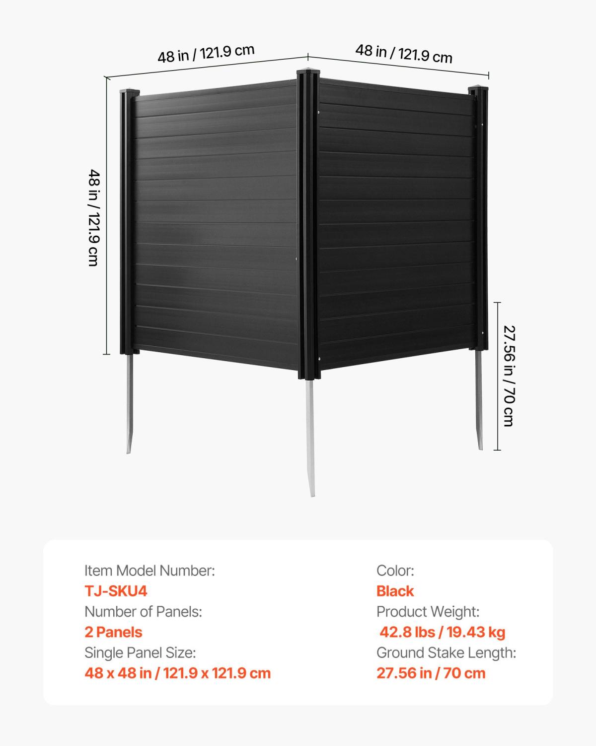 2 Panels Outdoor Privacy Screen, 48 X 48 In Air Conditioner Fence With 27.6 In Ground Stakes, Pool Equipment Enclosure, Horizontal Vinyl Privacy Fence, Ideal For Trash Can And A/C Units, Black