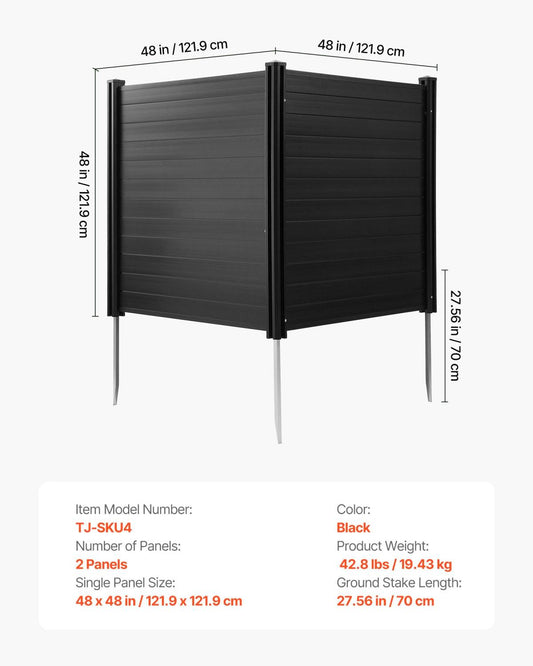 2 Panels Outdoor Privacy Screen, 48 X 48 In Air Conditioner Fence With 27.6 In Ground Stakes, Pool Equipment Enclosure, Horizontal Vinyl Privacy Fence, Ideal For Trash Can And A/C Units, Black
