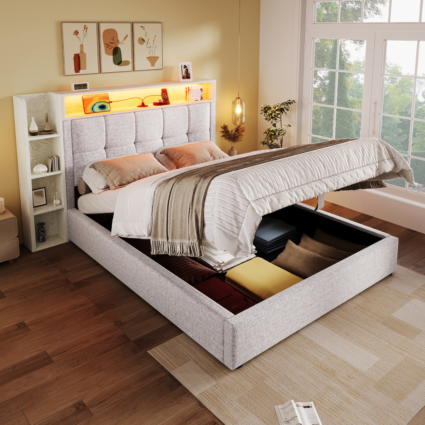 Upholstered Bed , 90x200 Cm, With USB Type-C Charging Function, Without Mattress, Multifunctional Storage, LED Lighting, Pushbutton Appdien,Linen, Beige