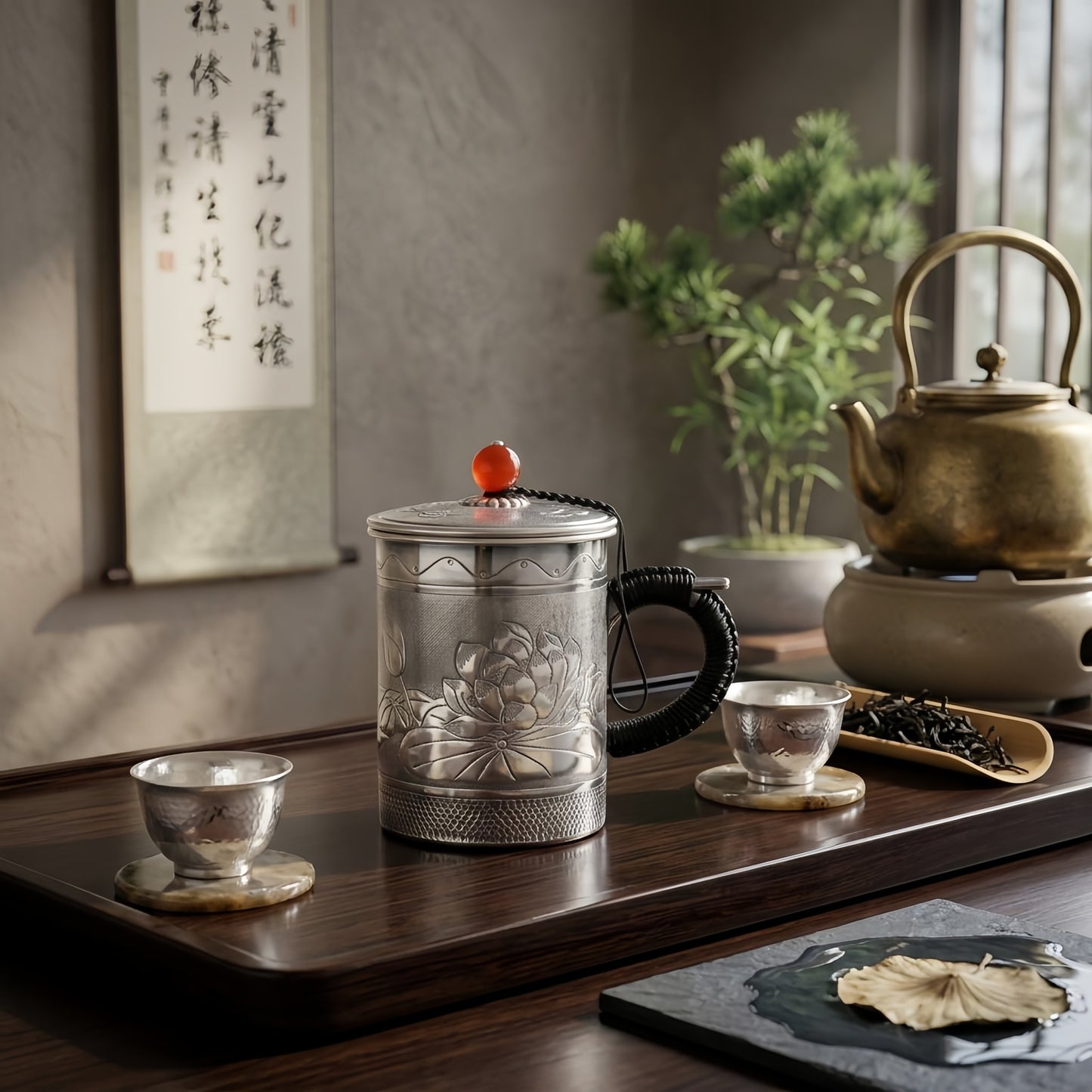 925 Sterling Silver Handcrafted  Teapot with Intricate Floral Design and Traditional Elegance-Premium Tea Mug - Handicraft