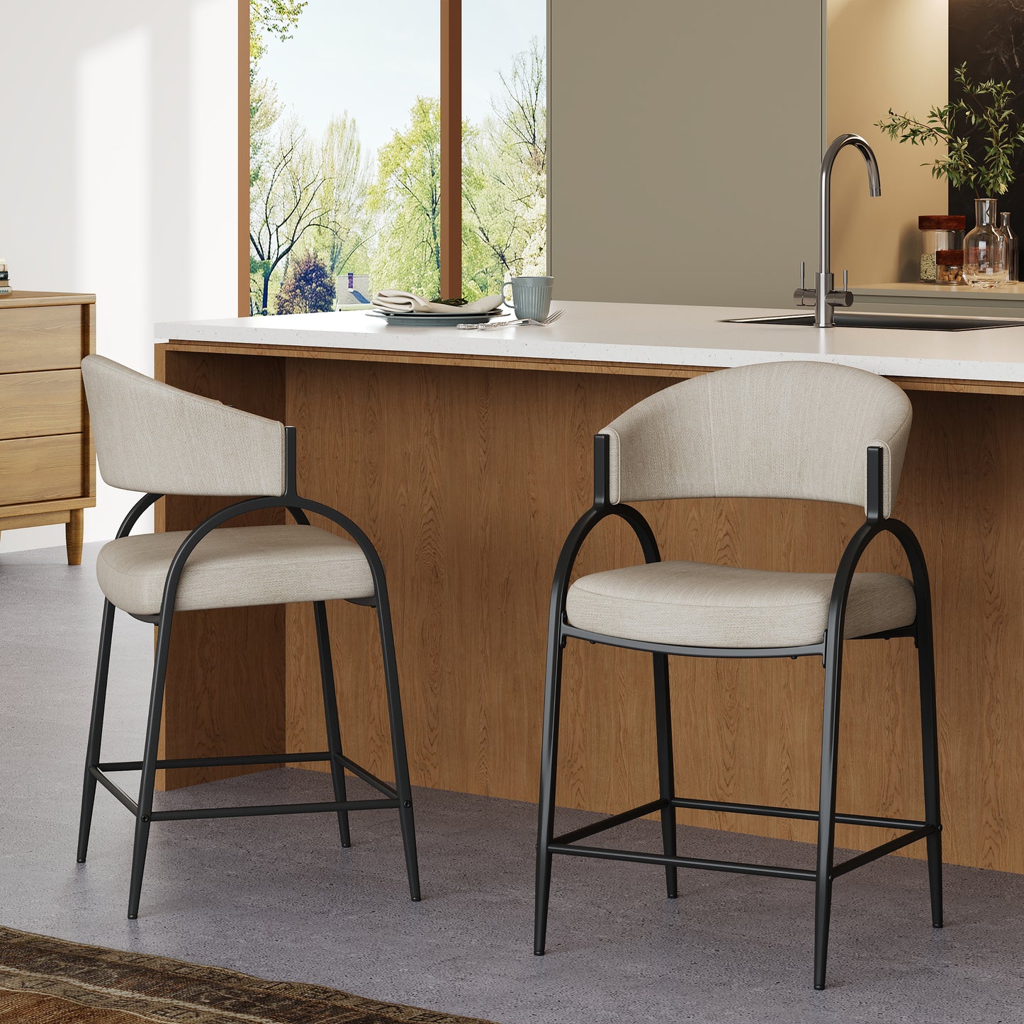 25 Seat Height Modern Fabric Bar Stools With Back, Black Metal Frame, Comfortable Counter Stools For Kitchen Island Dining Room, Set Of 2  Beige
