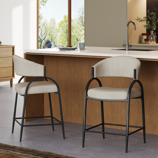 25 Seat Height Modern Fabric Bar Stools With Back, Black Metal Frame, Comfortable Counter Stools For Kitchen Island Dining Room, Set Of 2  Beige