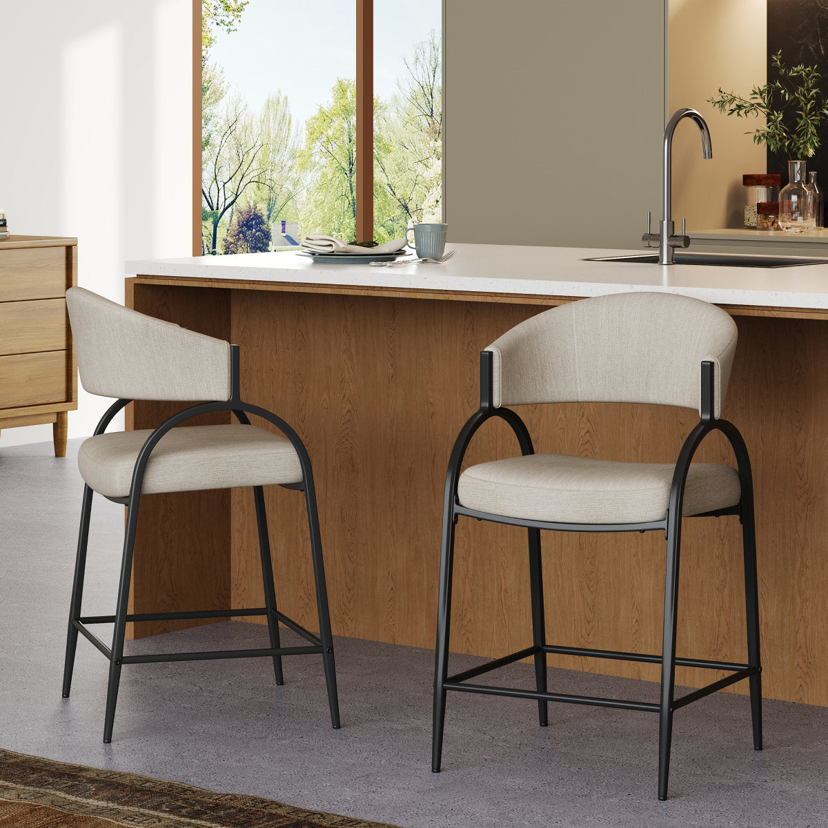 25 Seat Height Modern Fabric Bar Stools With Back, Black Metal Frame, Comfortable Counter Stools For Kitchen Island Dining Room, Set Of 2  Beige